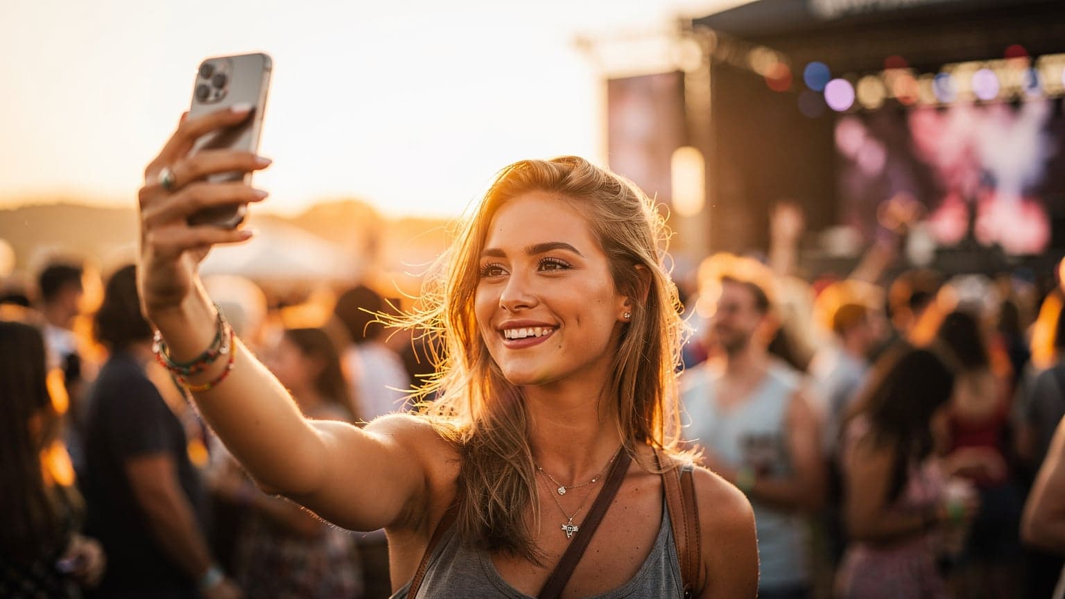 Une jeune femme souriante, les cheveux au vent, prend un selfie avec son smartphone lors d'un festival de musique en plein air, avec une foule joyeuse en arrière-plan et un coucher de soleil vibrant illuminant la scène.