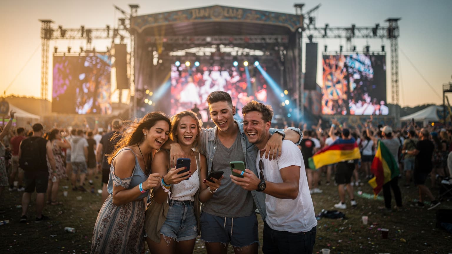 A group of friends at a European summer music festival, smiling and holding up their phones to capture a vibrant stage performance at dusk.