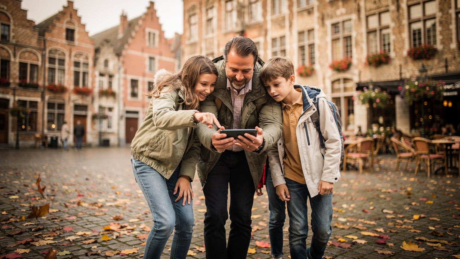 A family, including two children aged around 8 and 10, walking through a bustling European city square filled with autumn leaves, with parents checking their phones for directions and the children looking at a map.
