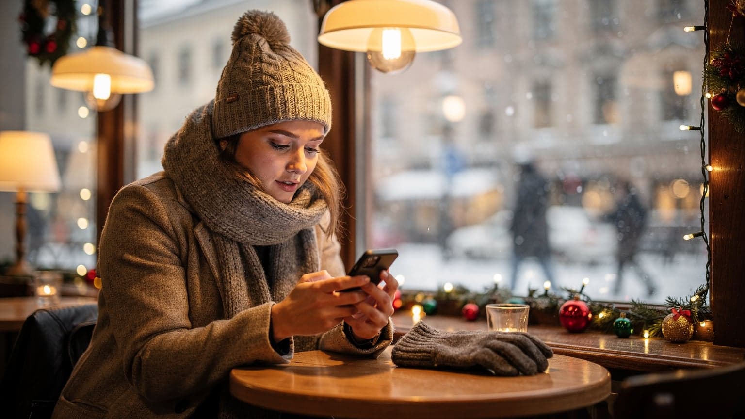 En ung norsk reisende sjekker eSIM-tilbud på telefonen sin mens hun sitter på en julepyntet kafé i Oslo sentrum, med snø utenfor vinduet.