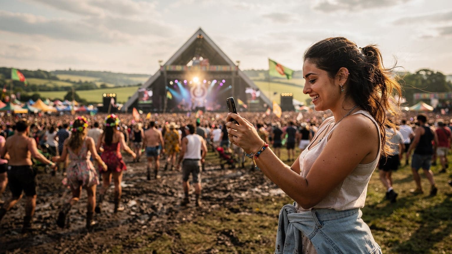 Glastonbury Festivali'nde binlerce genç, sahnede performans sergileyen bir grubun önünde coşkuyla dans ederken, bir kız arkadaşıyla telefonundan video çeken mutlu bir genç Türk gezgin.