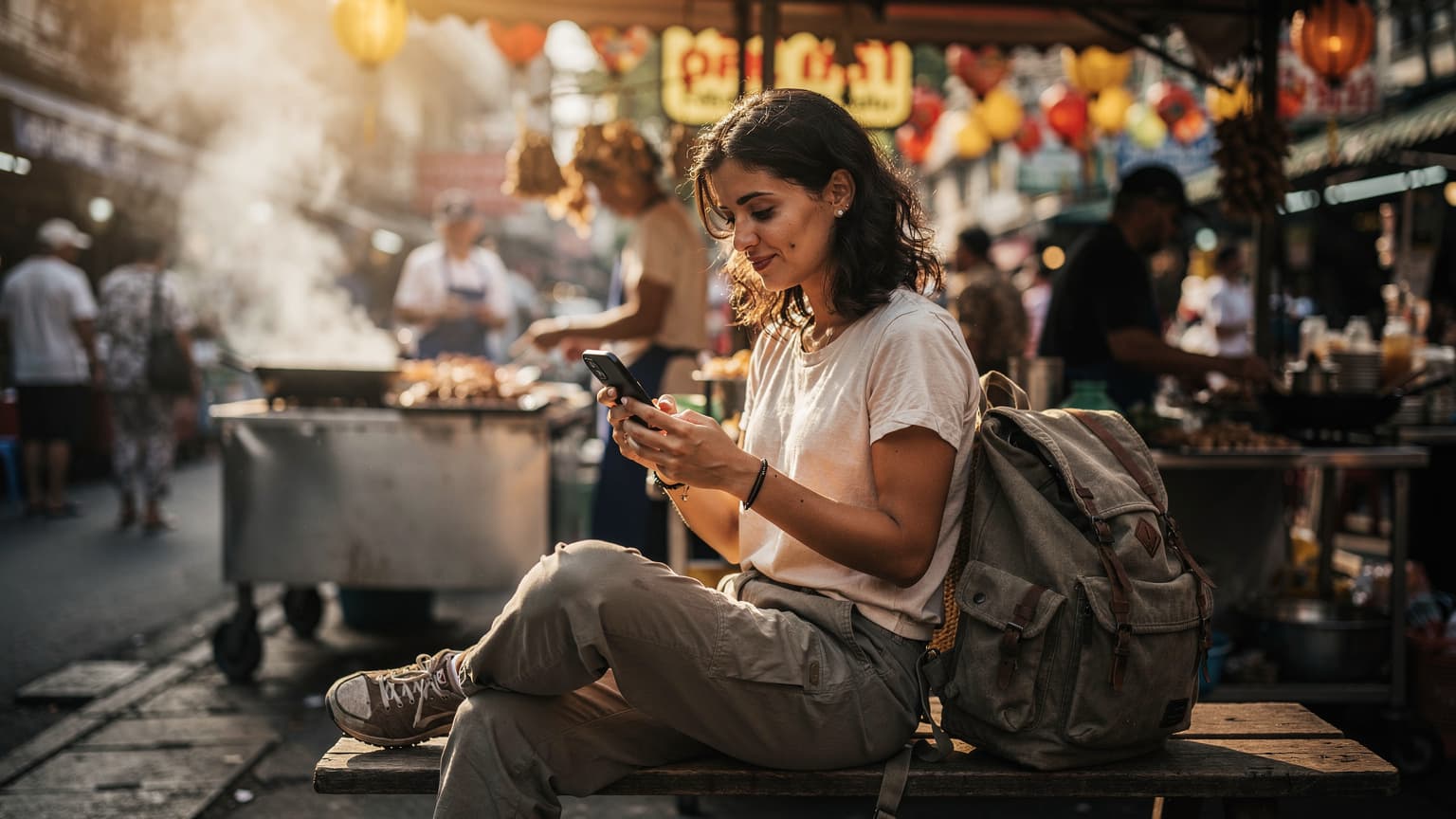 Una donna italiana con uno zaino da trekking consulta il suo smartphone con un'espressione di sollievo, seduta su una panchina in un affollato mercato di strada a Bangkok, con bancarelle di cibo e lanterne colorate sullo sfondo al tramonto.