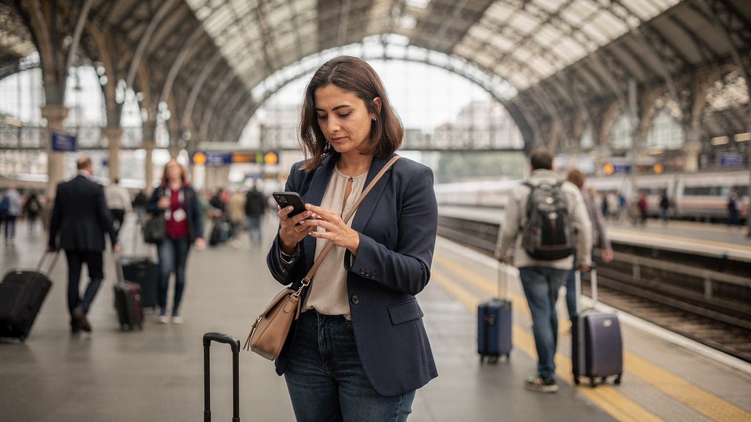 O tânără călătoare româncă verifică orarul trenurilor pe telefonul său, stând pe peronul aglomerat al gării St. Pancras International din Londra, cu arhitectura victoriană a gării în fundal.