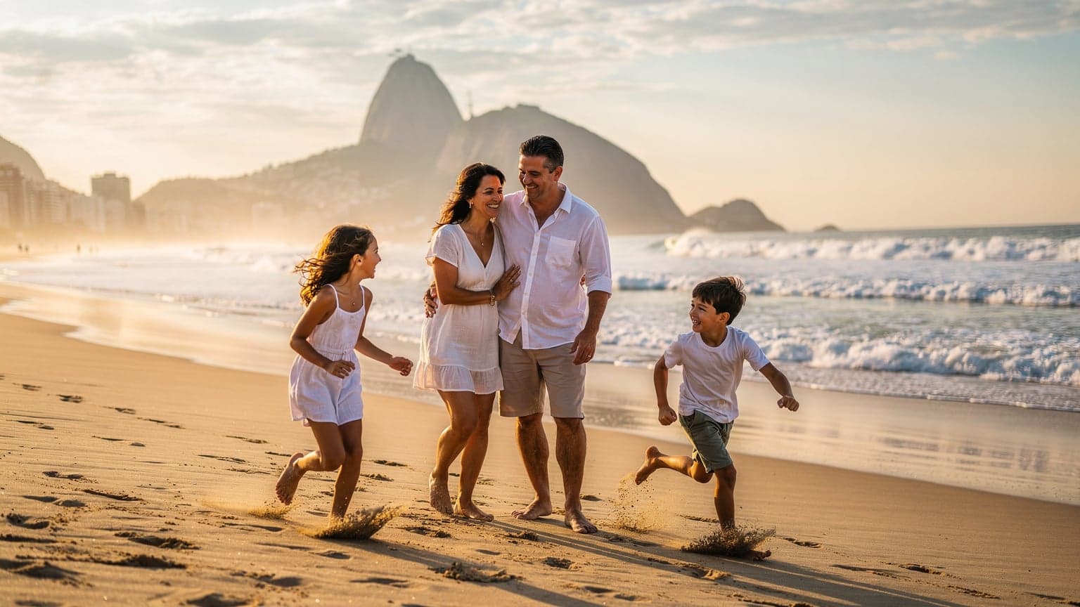 Une famille avec deux enfants, un garçon et une fille d'environ 8 et 10 ans, souriante sur la plage d'Ipanema à Rio de Janeiro, avec le Pain de Sucre en arrière-plan au lever du soleil.