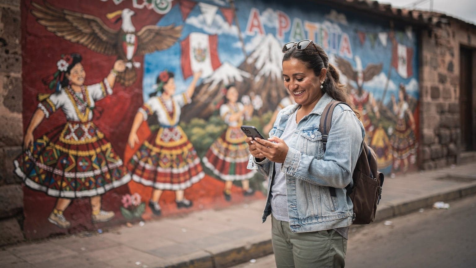Una mujer sonriente, vestida con ropa casual de viaje, sostiene su teléfono mientras consulta un mapa digital frente a un mural vibrante de un festival en Cusco, Perú, con elementos decorativos típicos de las Fiestas Patrias.