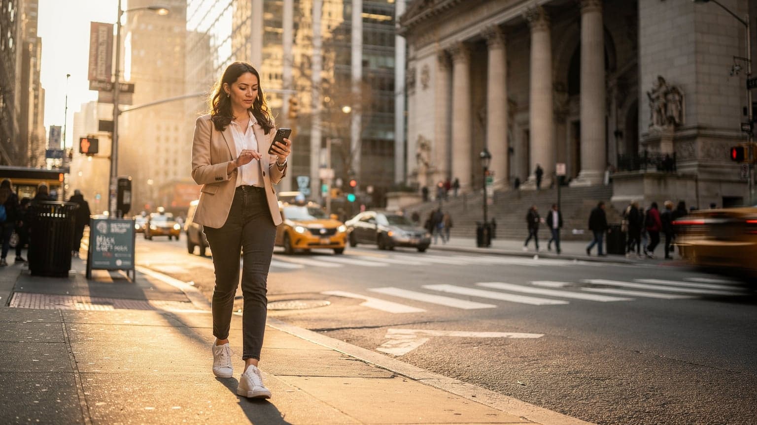 A woman confidently navigating a bustling street in New York City, looking at her phone with a clear map displaying, a yellow taxi passing behind her.