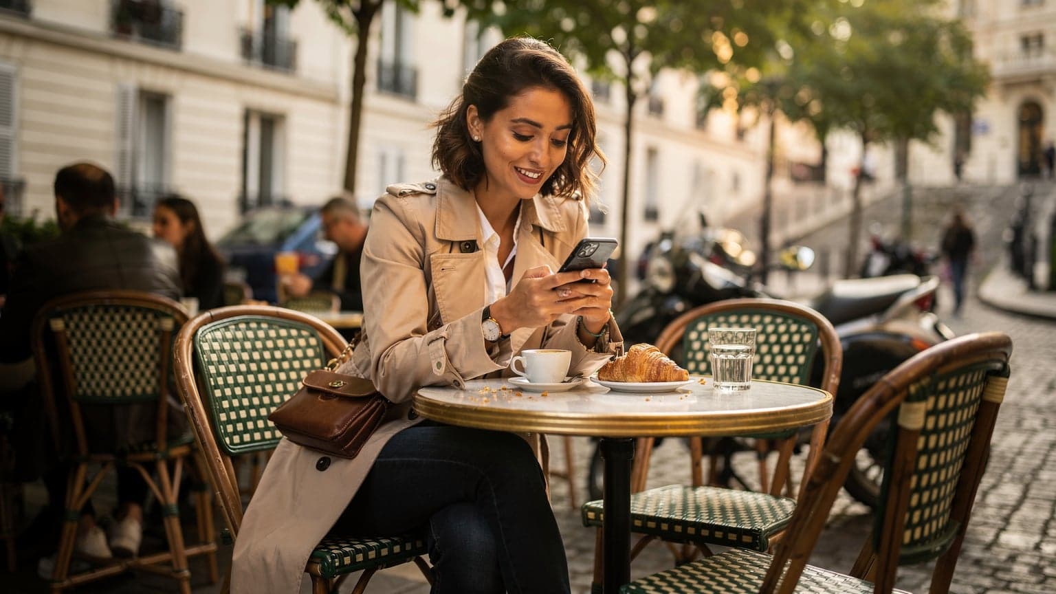 Une jeune femme, l'air déterminé mais souriant, est assise à une table de café en plein air à Montmartre, Paris, son smartphone à la main, planifiant son itinéraire de voyage avec l'application de sa eSIM.
