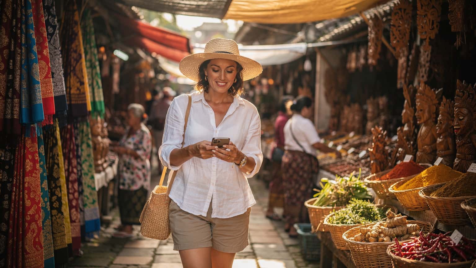 A woman confidently navigating a bustling street market in Ubud, Bali, holding her smartphone, with traditional crafts and vibrant fabrics in the background.