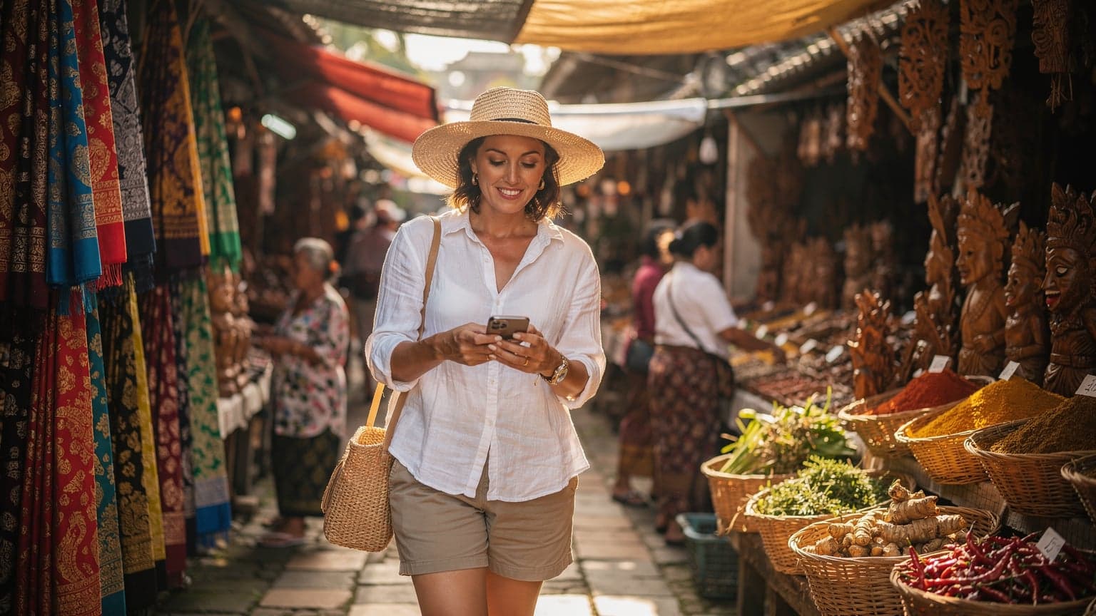 A woman confidently navigating a bustling street market in Ubud, Bali, holding her smartphone, with traditional crafts and vibrant fabrics in the background.