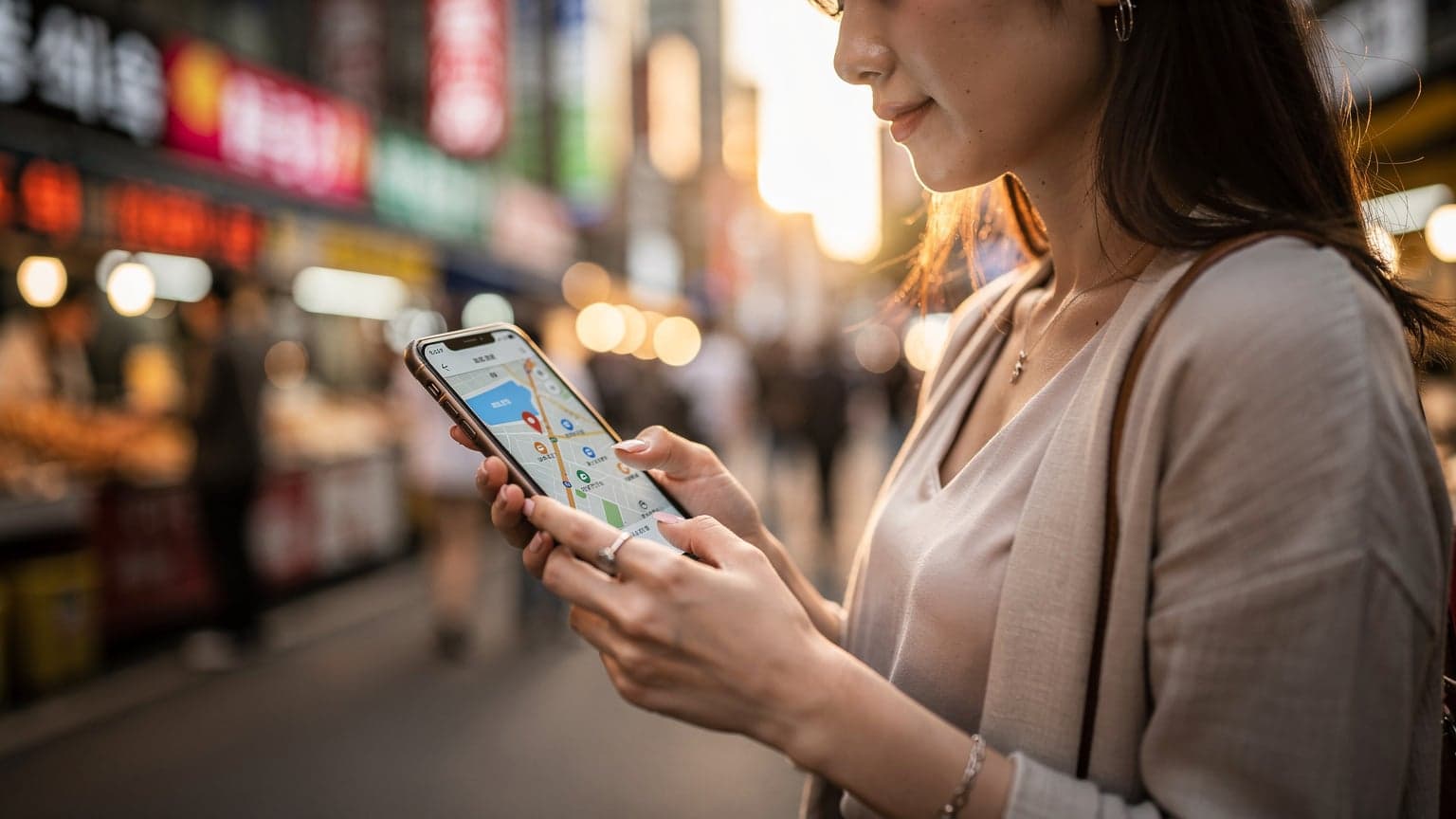 ソウルの明洞の賑やかなストリートマーケットで、スマートフォンを操作する日本人旅行者の手元のクローズアップ。