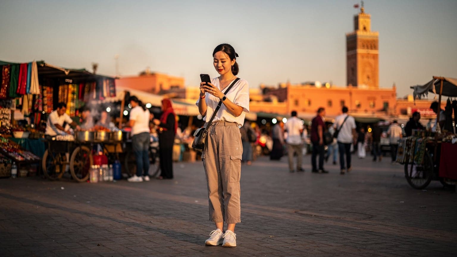 一名中国女游客在摩洛哥马拉喀什的杰马夫纳广场上,傍晚时分,手持手机查看地图,背景是热闹的市集摊位和远处的库图比亚清真寺宣礼塔,光线温暖而充满异域风情。