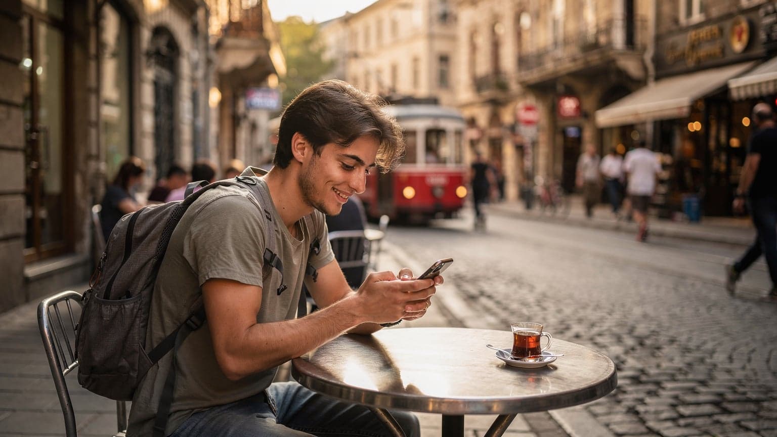 İstanbul'da tarihi bir sokak kahvesinde oturan bir gezgin, elinde telefonla WhatsApp mesajlarını kontrol ederken gülümsüyor. Eski bir tramvay arka plandan geçiyor.