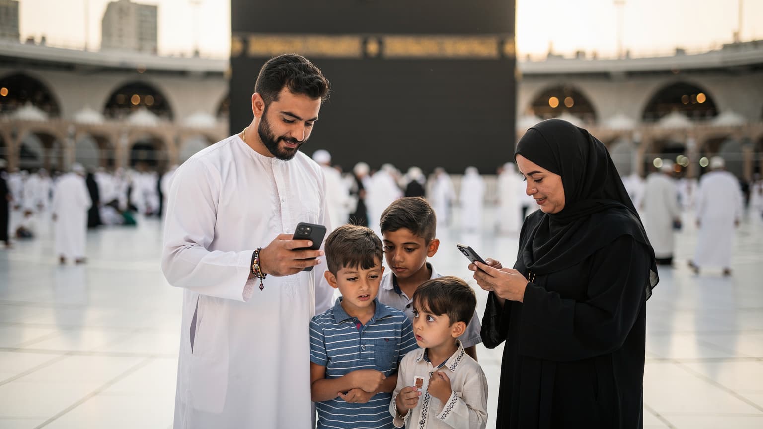 عائلة عربية، أب وأم وطفلان، ينظرون إلى هواتفهم الذكية في ساحة الحرم المكي الشريف بمكة المكرمة، مع الكعبة المشرفة في الخلفية، بينما يقومون بتفعيل شريحة eSIM.