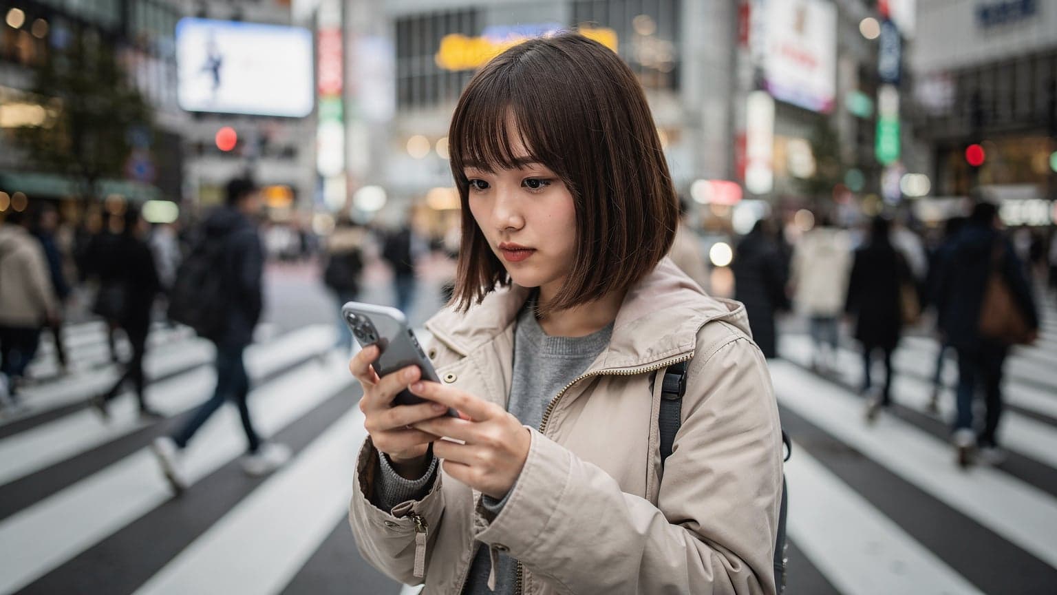 東京の渋谷スクランブル交差点で、スマートフォンを片手に地図アプリを確認している若い日本人女性のクローズアップ。