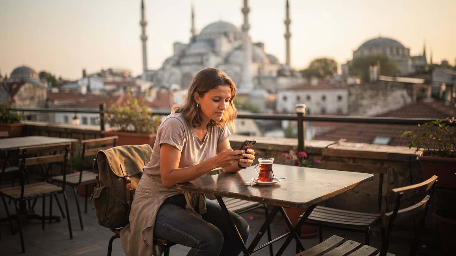 Una viajera joven con mochila ligera, consultando su teléfono móvil con una eSIM activa en una terraza con vistas a la Mezquita Azul y Santa Sofía al atardecer en Estambul, Turquía.