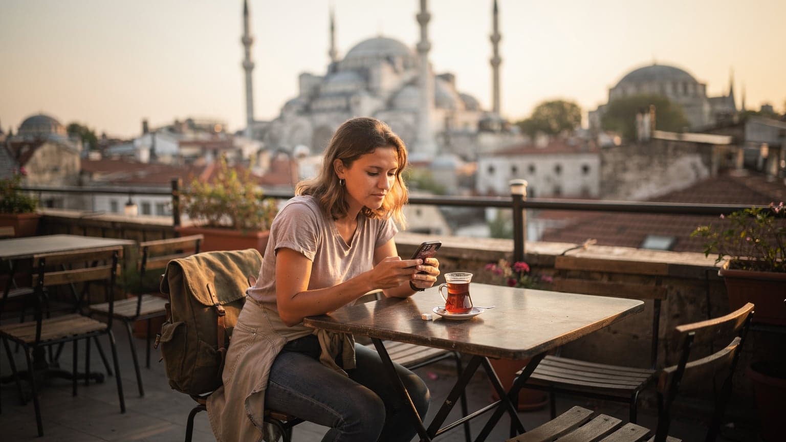 Una viajera joven con mochila ligera, consultando su teléfono móvil con una eSIM activa en una terraza con vistas a la Mezquita Azul y Santa Sofía al atardecer en Estambul, Turquía.