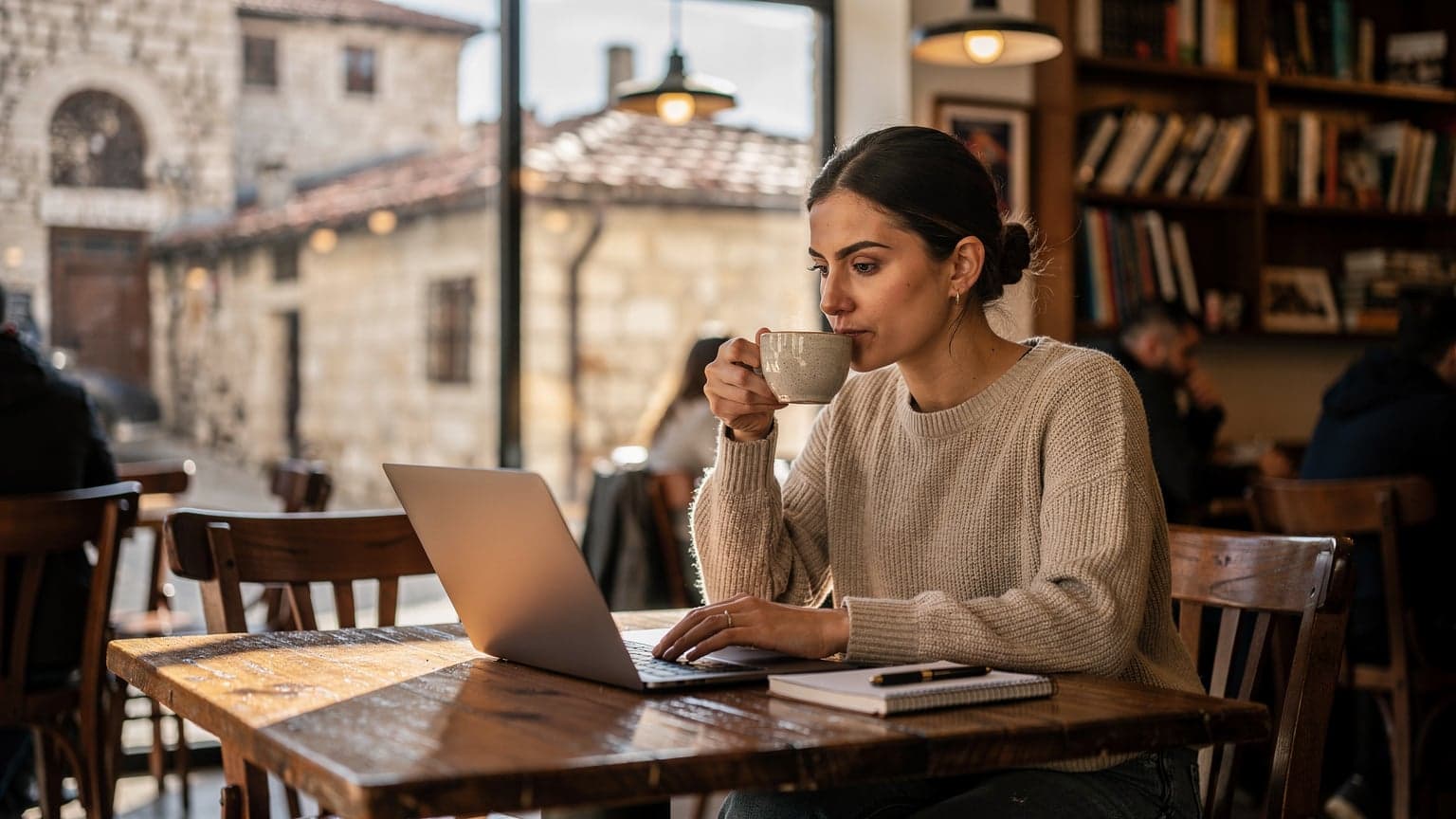 Eine Frau sitzt an einem Laptop in einem modernen Café in Pristina, im Hintergrund sind traditionelle Steingebäude zu sehen, während sie einen Kaffee trinkt.