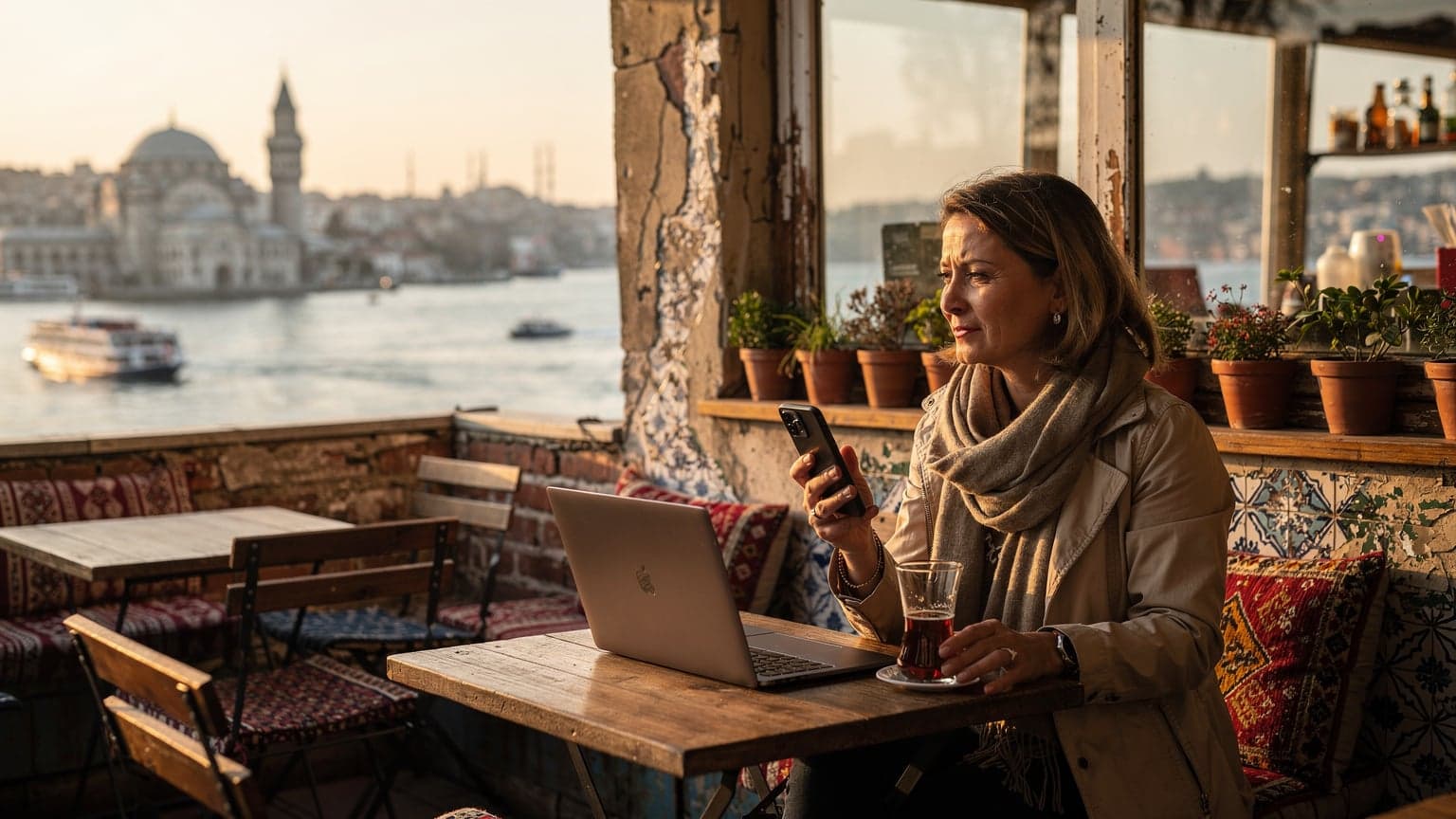 İstanbul'da tarihi bir binanın çatısında, elinde akıllı telefonuyla ufka bakan, yorgun ama tecrübeli bir dijital göçebe kadın, arka planda Boğaz ve tarihi yarımada silüeti.