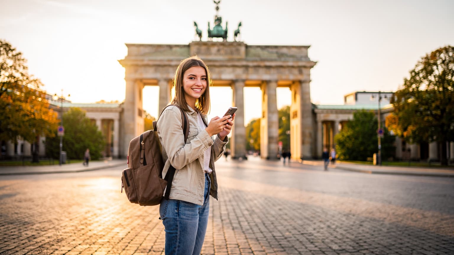 Młoda polska studentka z plecakiem i smartfonem, uśmiechnięta na tle historycznej bramy Brandenburskiej w Berlinie, podczas słonecznego wrześniowego dnia.
