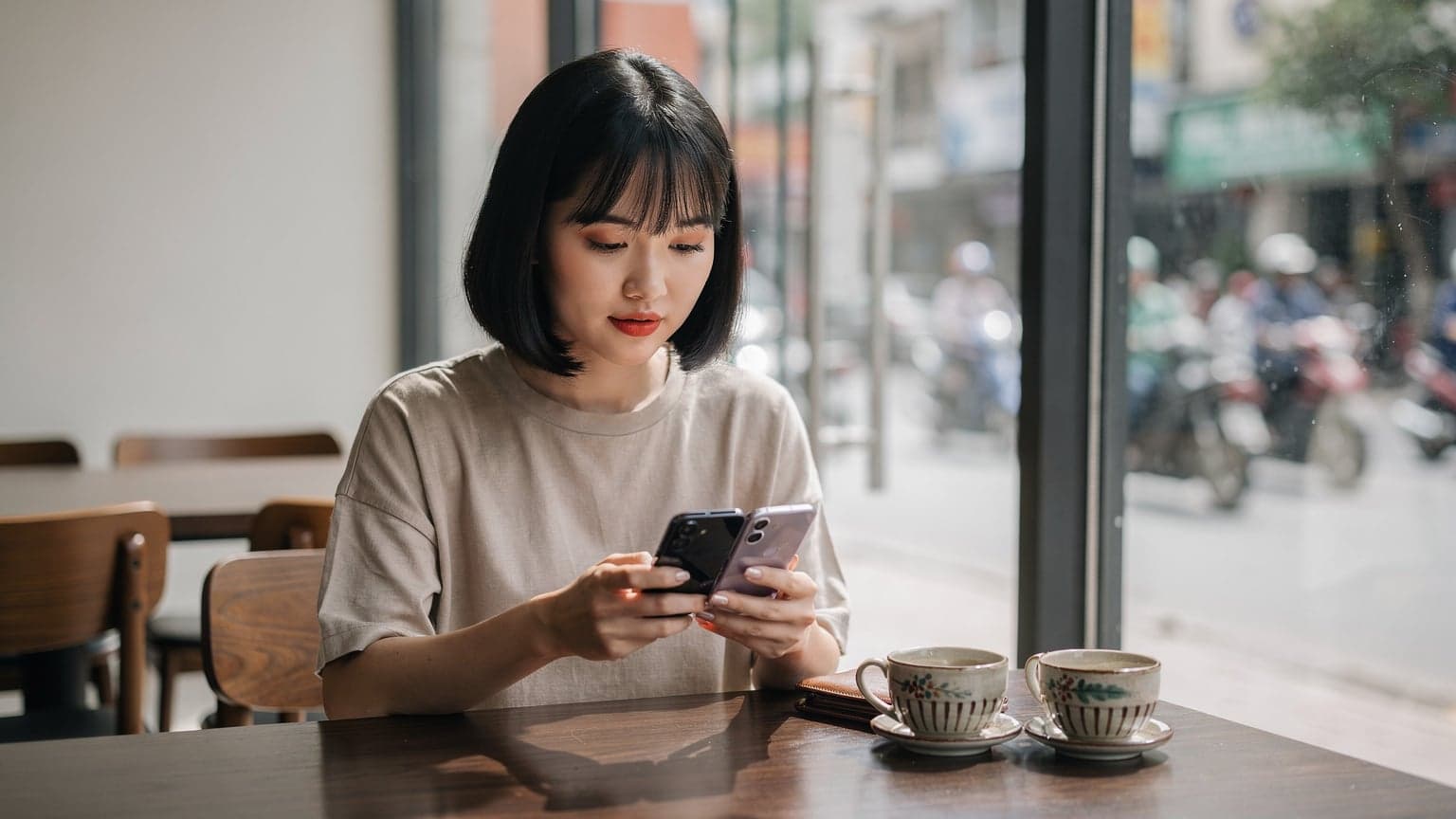 Một phụ nữ trẻ đang ngồi trên ghế tại một quán cà phê hiện đại ở Thành phố Hồ Chí Minh, sử dụng điện thoại Samsung Galaxy Z Flip 7 gập lại để kiểm tra thông tin du lịch, với ly cà phê đá và ví tiền nhỏ đặt trên bàn.