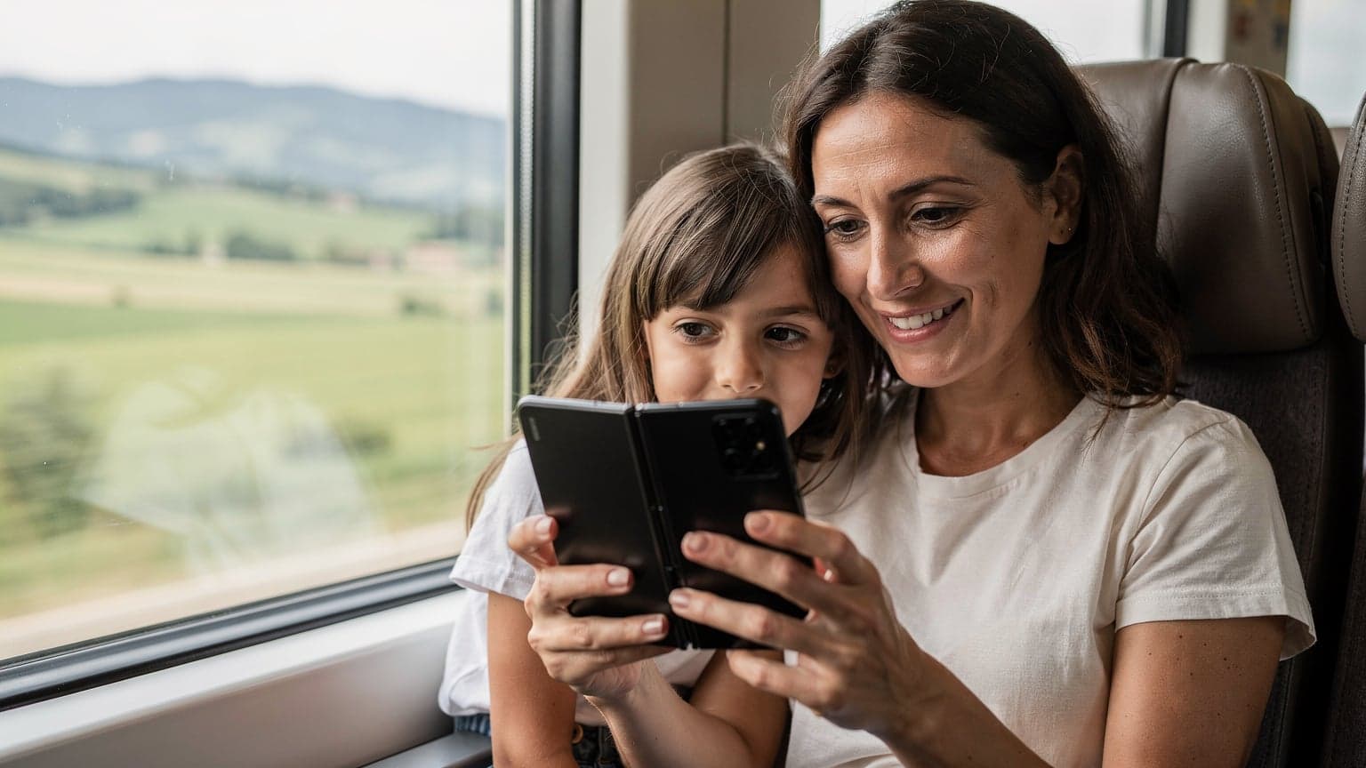 Una madre sorride mentre mostra il suo nuovo Samsung Galaxy Z Fold 8 aperto alla figlia di 8 anni, sedute comodamente sul sedile di un treno ad alta velocità in Italia, con il paesaggio che scorre veloce fuori dal finestrino.