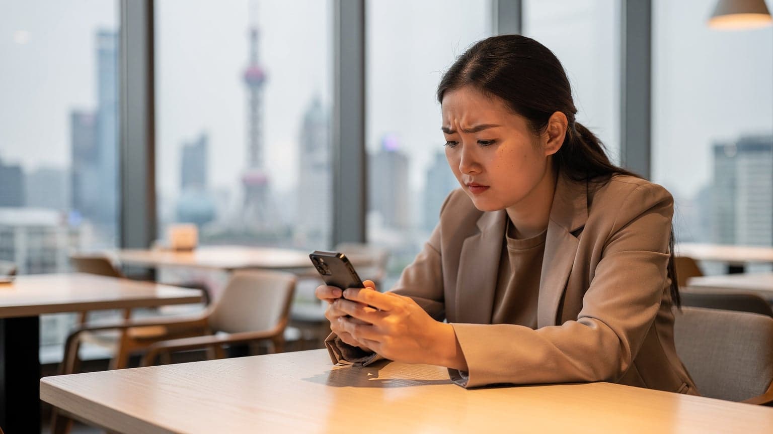 一名女性在上海陆家嘴的咖啡馆里,手持iPhone查看eSIM安装指南,背景是透过玻璃窗隐约可见的东方明珠电视塔。