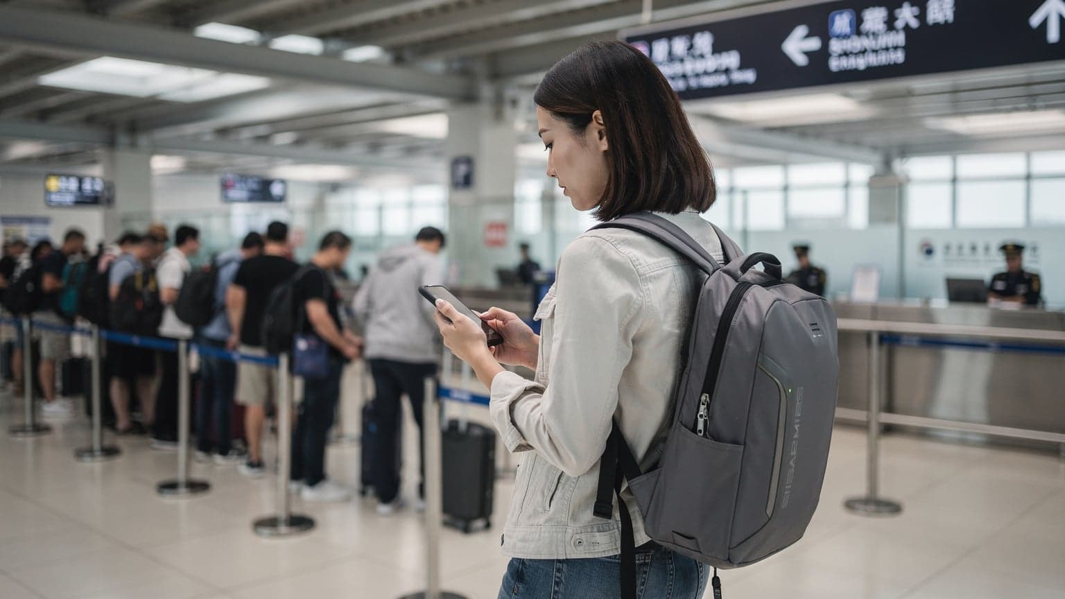 一名香港年輕女性在深圳羅湖口岸排隊過關,一邊用手機查看中國移動eSIM的申請指引,臉上帶著一絲焦慮。