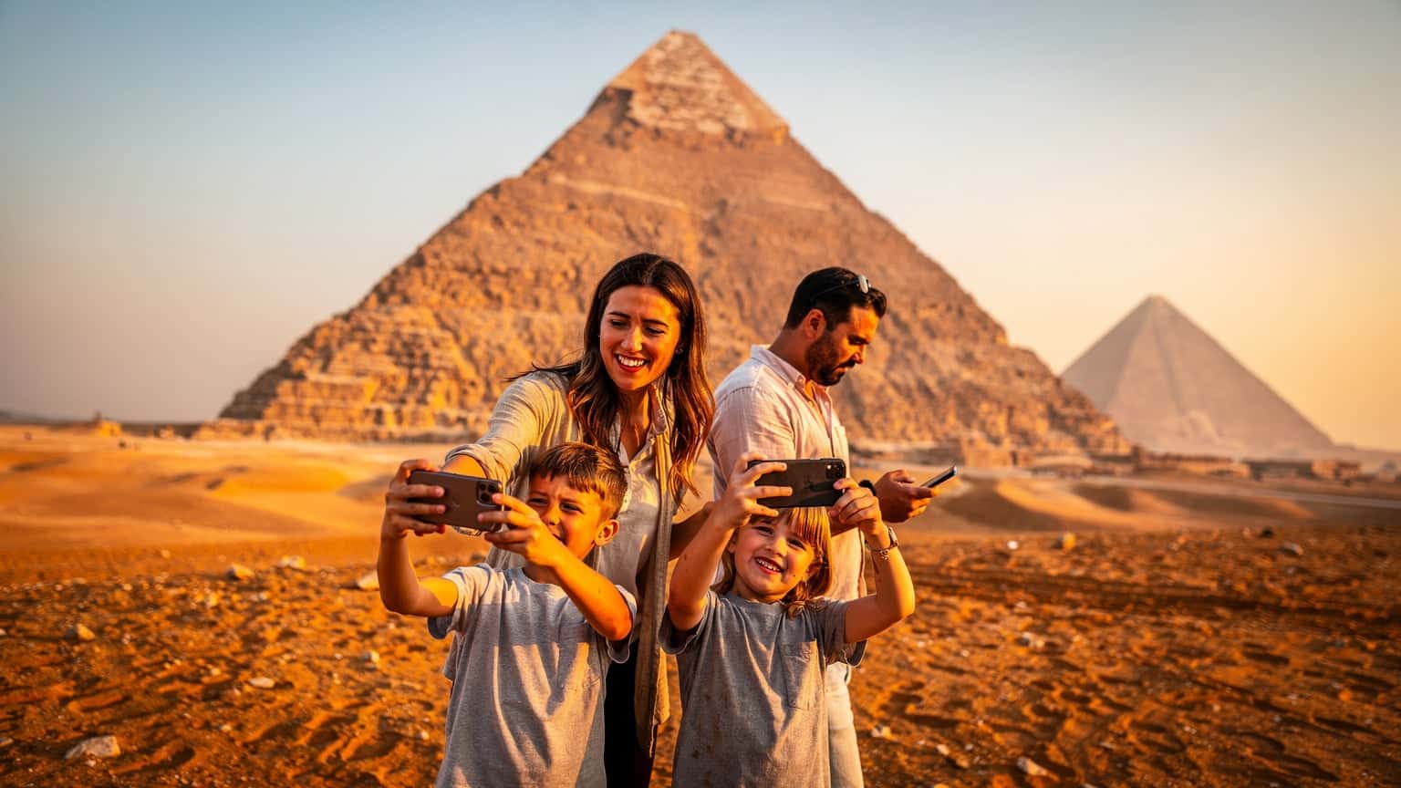 Una familia con dos niños, de unos 8 y 10 años, riendo mientras miran las pirámides de Giza al atardecer, con sus teléfonos en modo de cámara y un padre revisando un dispositivo móvil.