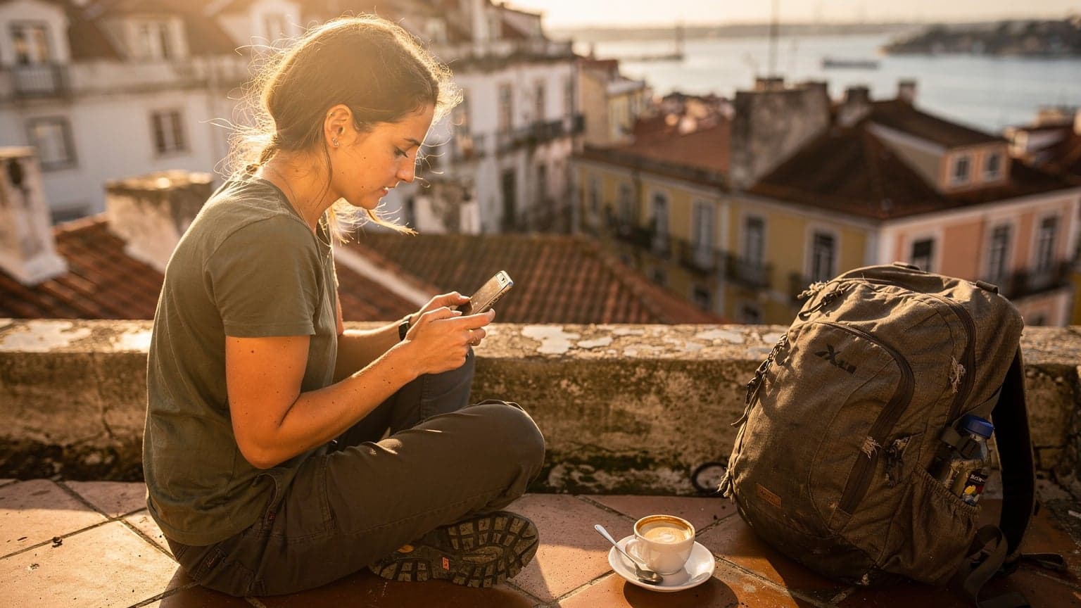 Eine junge Frau mit Rucksack überprüft ihr Smartphone auf einer sonnigen Terrasse in Lissabon, während sie eine Telekom eSIM aktiviert und den Blick über die Dächer der Stadt genießt.