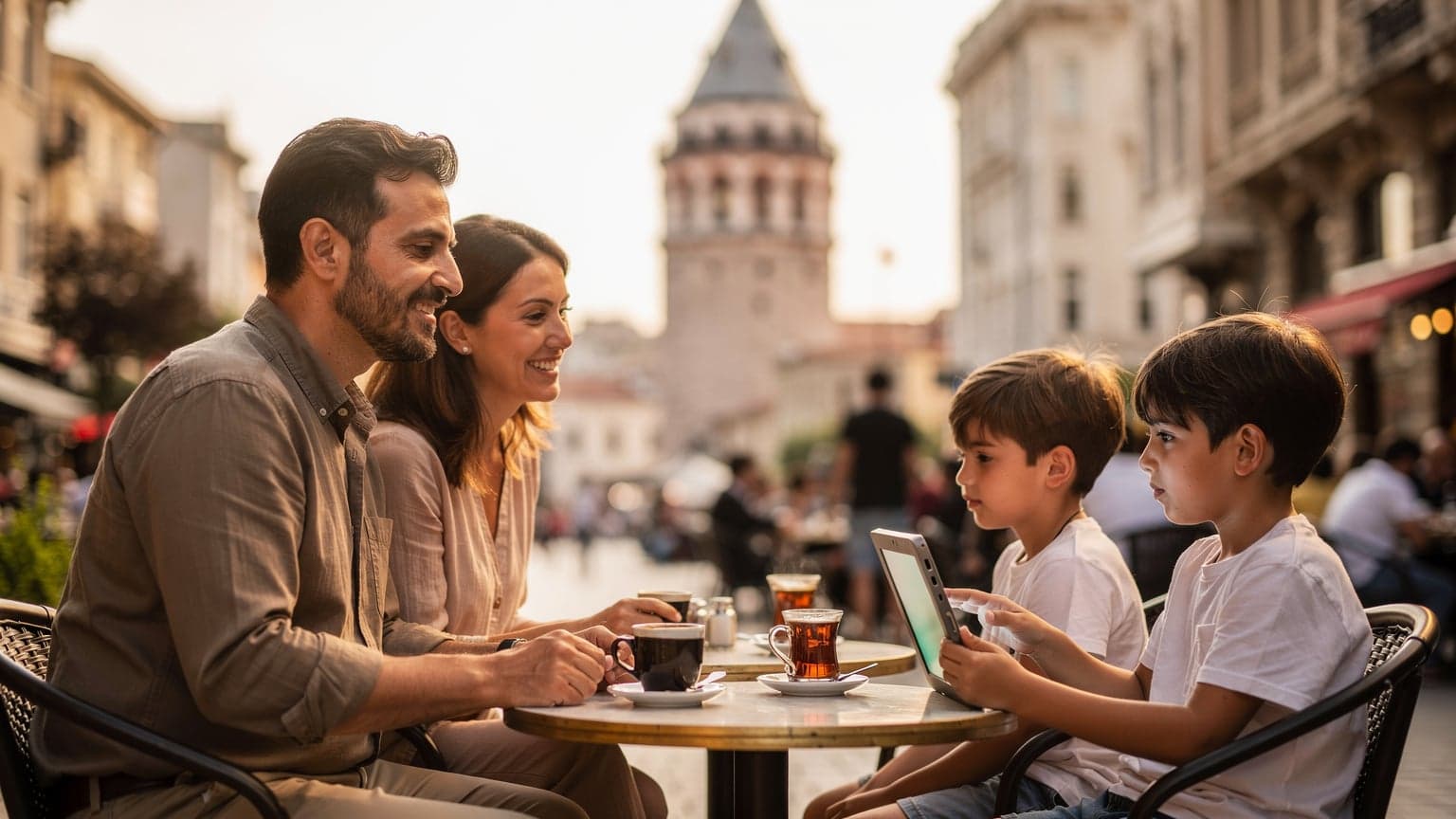 İstanbul'da bir aile, Galata Kulesi manzaralı bir kafede, çocukları tabletlerinde çizgi film izlerken ebeveynler kahvelerini yudumluyor.
