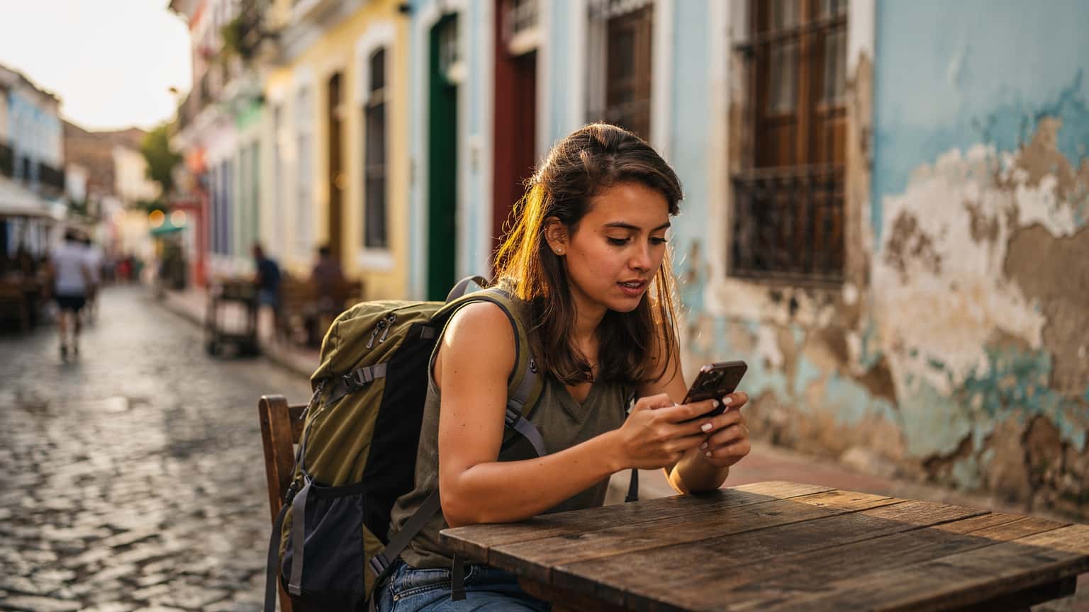 Una donna con uno zaino leggero consulta una mappa digitale sul suo smartphone, seduta al tavolino di un bar all'aperto a Salvador, Bahia, con edifici coloniali colorati sullo sfondo.