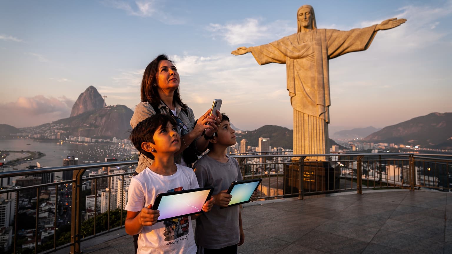 Rio de Janeiro'da gün batımında İsa Heykeli'ne bakan, elinde telefon tutan ve gülümseyen bir anne ile iki çocuğu, çocukların tabletlerinde bir şeyler izlediği görülüyor.