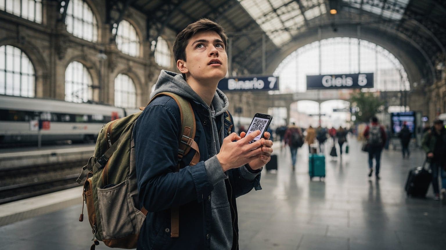 A budget traveler, mid-twenties, with a worn backpack and a Cellesim eSIM QR code visible on their phone screen, stands at a bustling European train station, looking at their device with a determined expression.