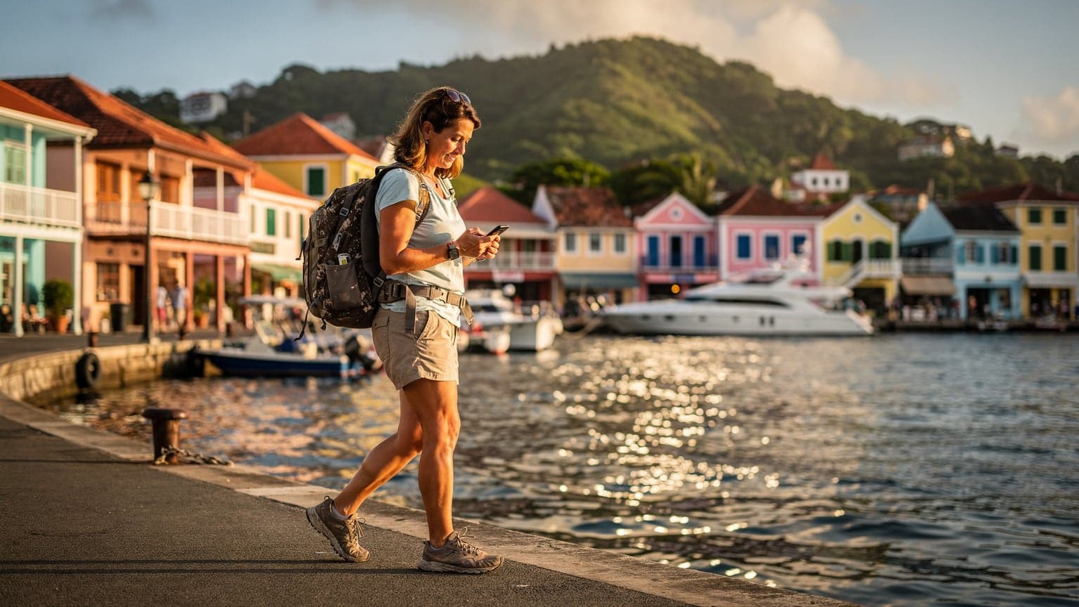 A woman confidently walking through the Carenage in St. George's, Grenada, carrying a small backpack and looking at her phone.