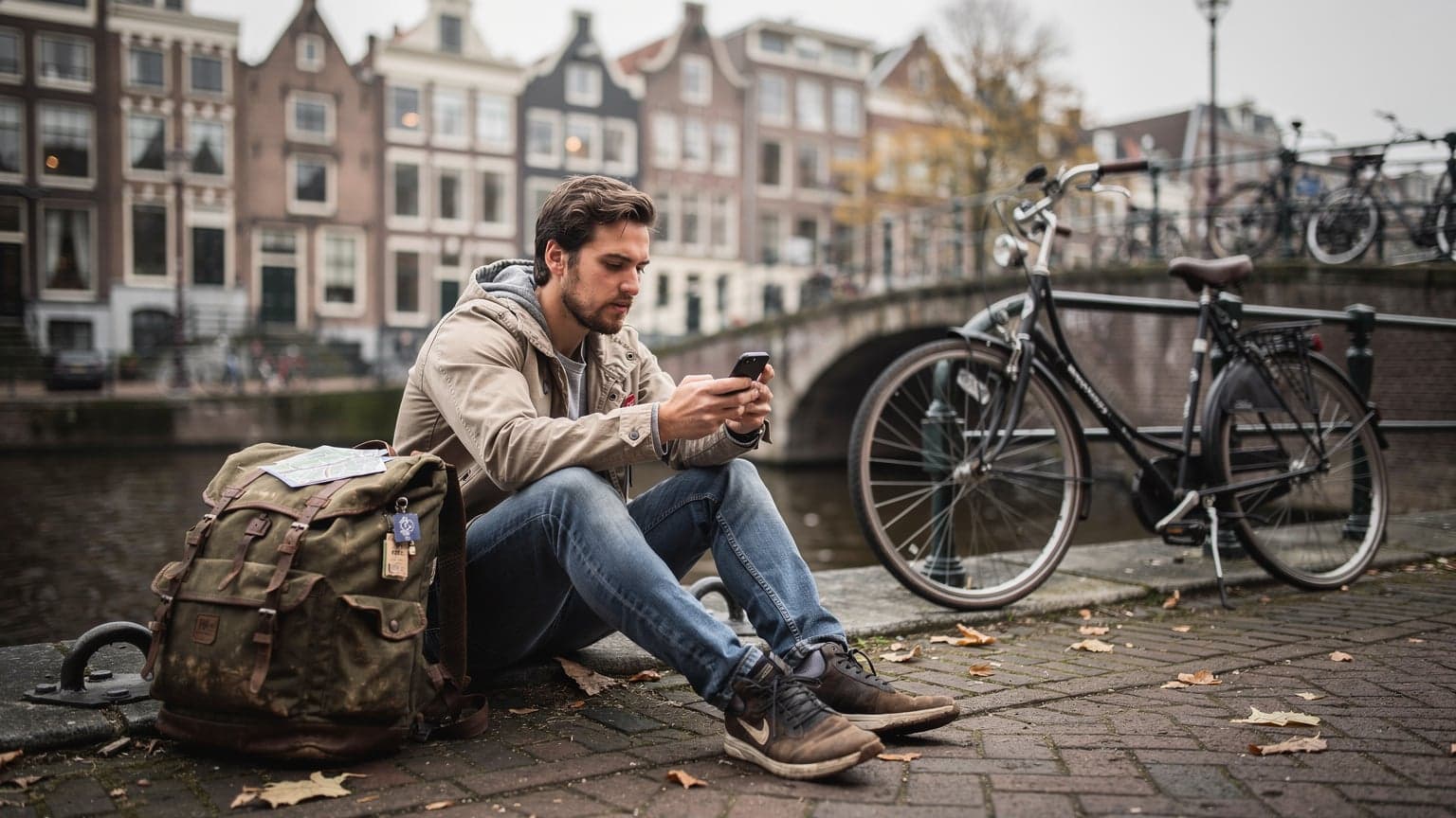 Seorang backpacker muda sedang duduk di tepi kanal di Amsterdam, Belanda, sambil memegang ponselnya dan melihat peta digital.