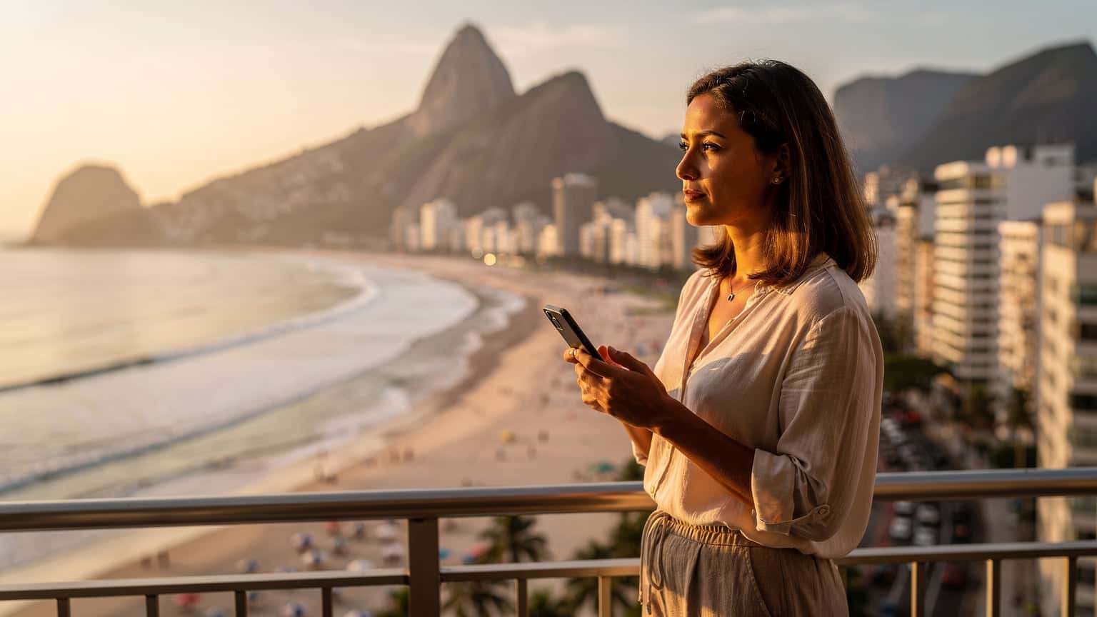 Eine Frau mit einem Smartphone blickt auf die belebte Copacabana in Rio de Janeiro, während die goldene Stunde die Szene in warmes Licht taucht.