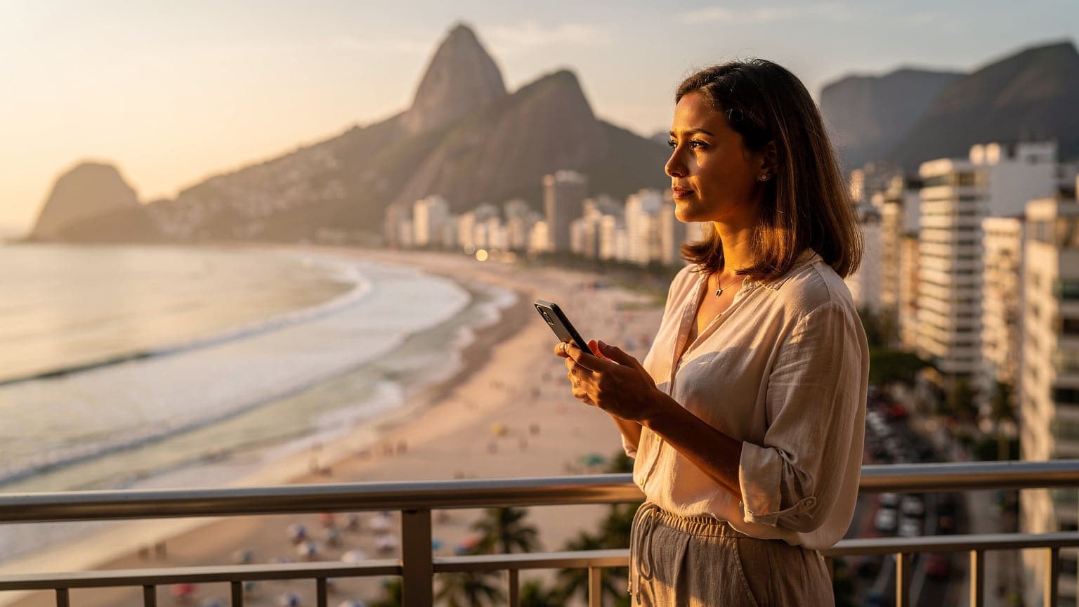 Eine Frau mit einem Smartphone blickt auf die belebte Copacabana in Rio de Janeiro, während die goldene Stunde die Szene in warmes Licht taucht.