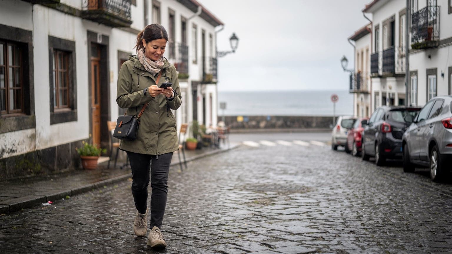 Uma mulher sorridente, vestindo um casaco leve, olha para o seu telefone enquanto caminha por uma rua de calçada na Ponta Delgada, Açores, com edifícios históricos e o oceano ao fundo sob um céu ligeiramente nublado.