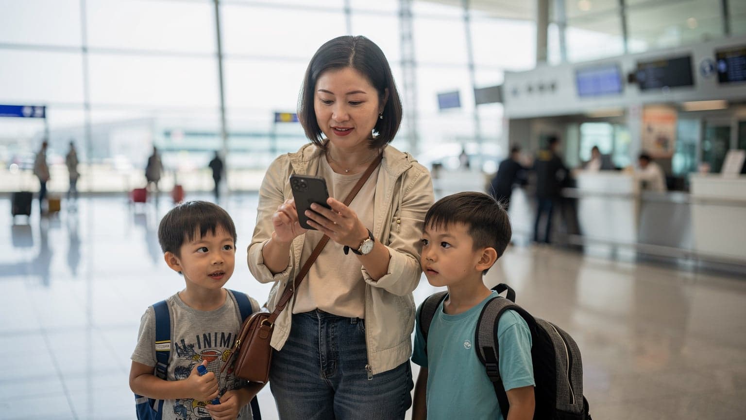 一位媽媽在香港國際機場抵達大廳,使用iPhone查看eSIM設定,身旁是兩個興奮地拉著行李箱的孩子。