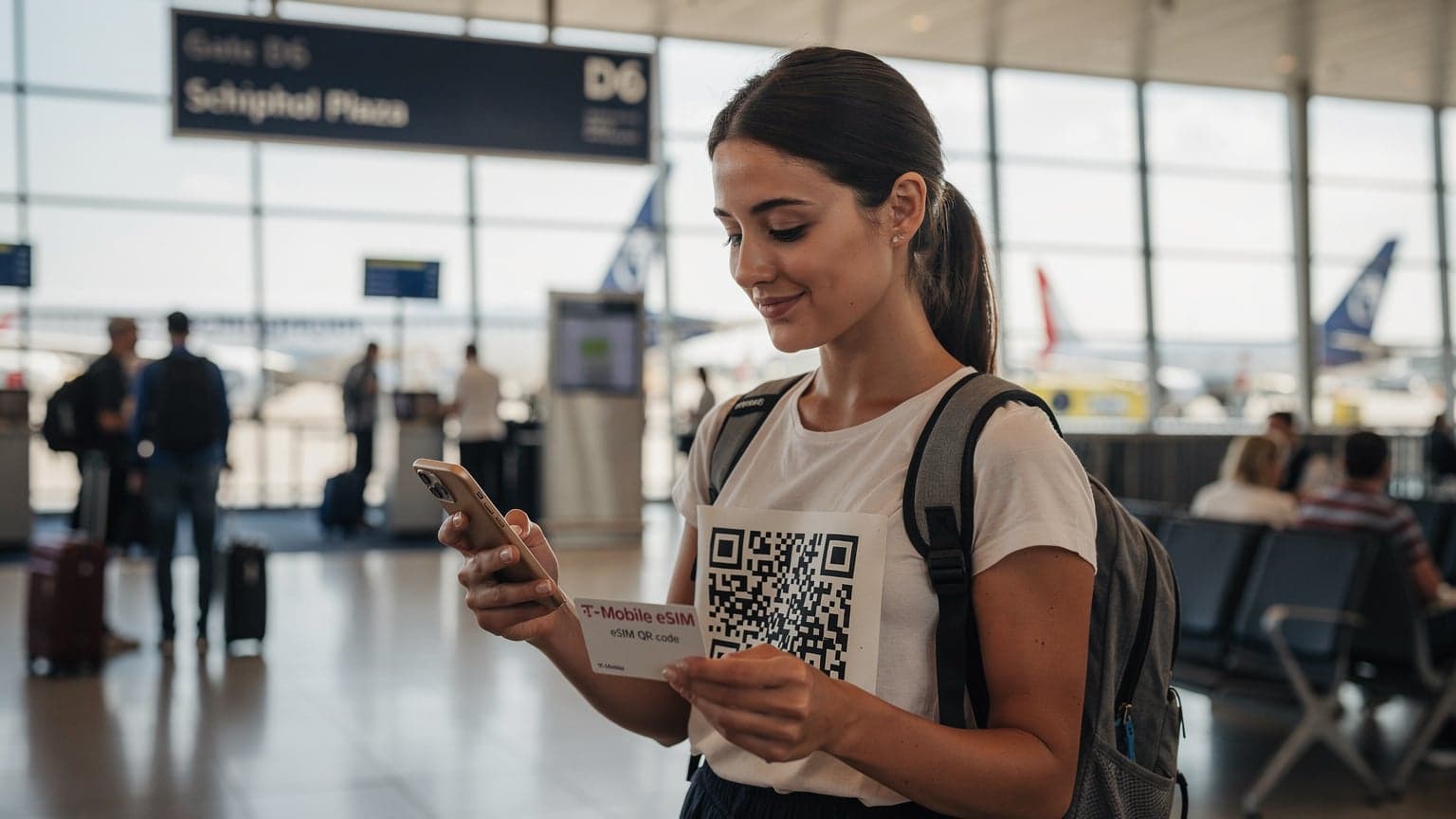 A woman confidently scanning a T-Mobile eSIM QR code on her phone at Schiphol Airport, surrounded by travel posters and the bustle of departing passengers.