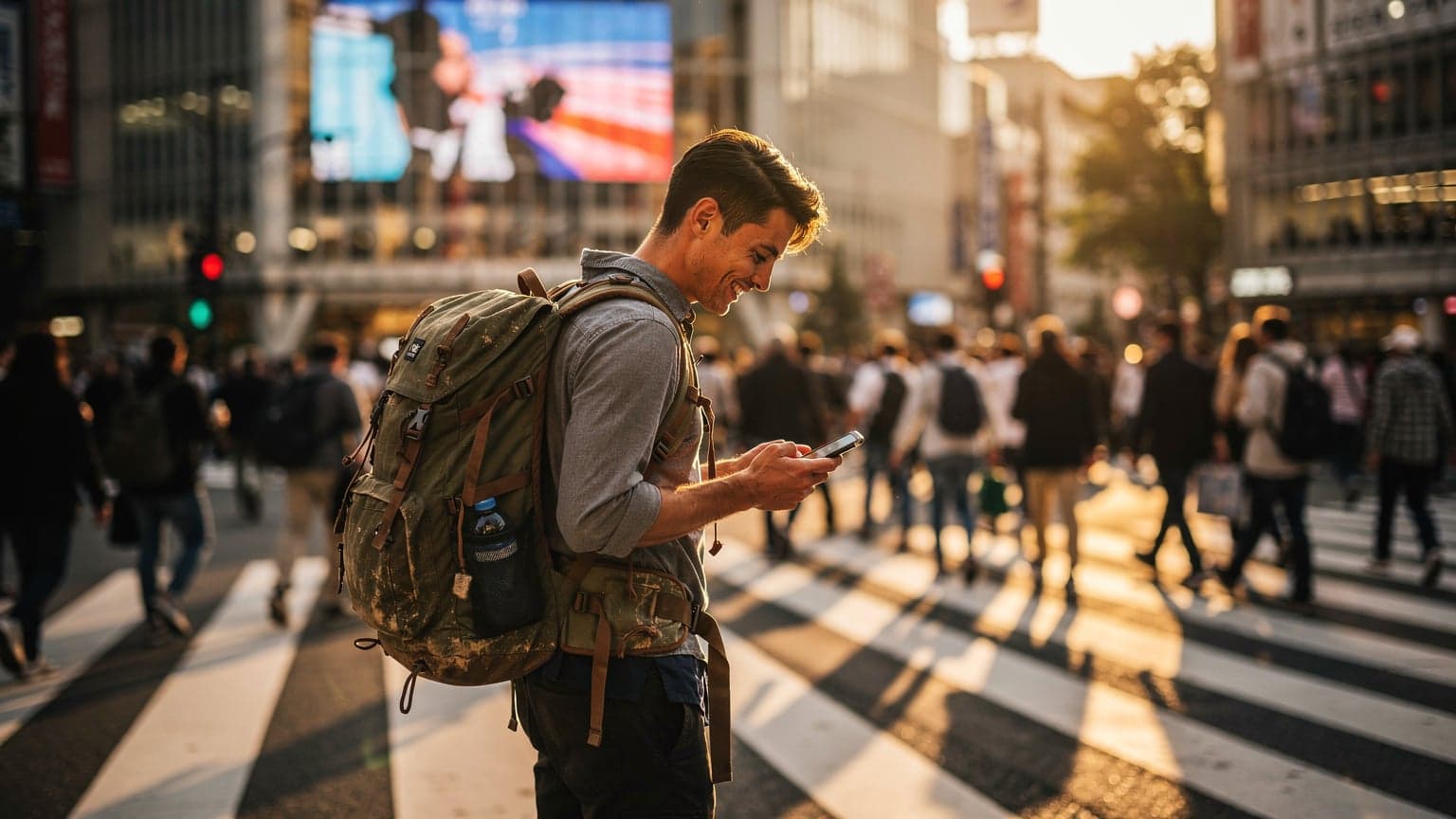東京の渋谷スクランブル交差点で、バックパックを背負った若い旅行者がスマートフォンを見ながら笑顔で歩いている。周囲には多くの人々が行き交い、大型ビジョンが輝いている。