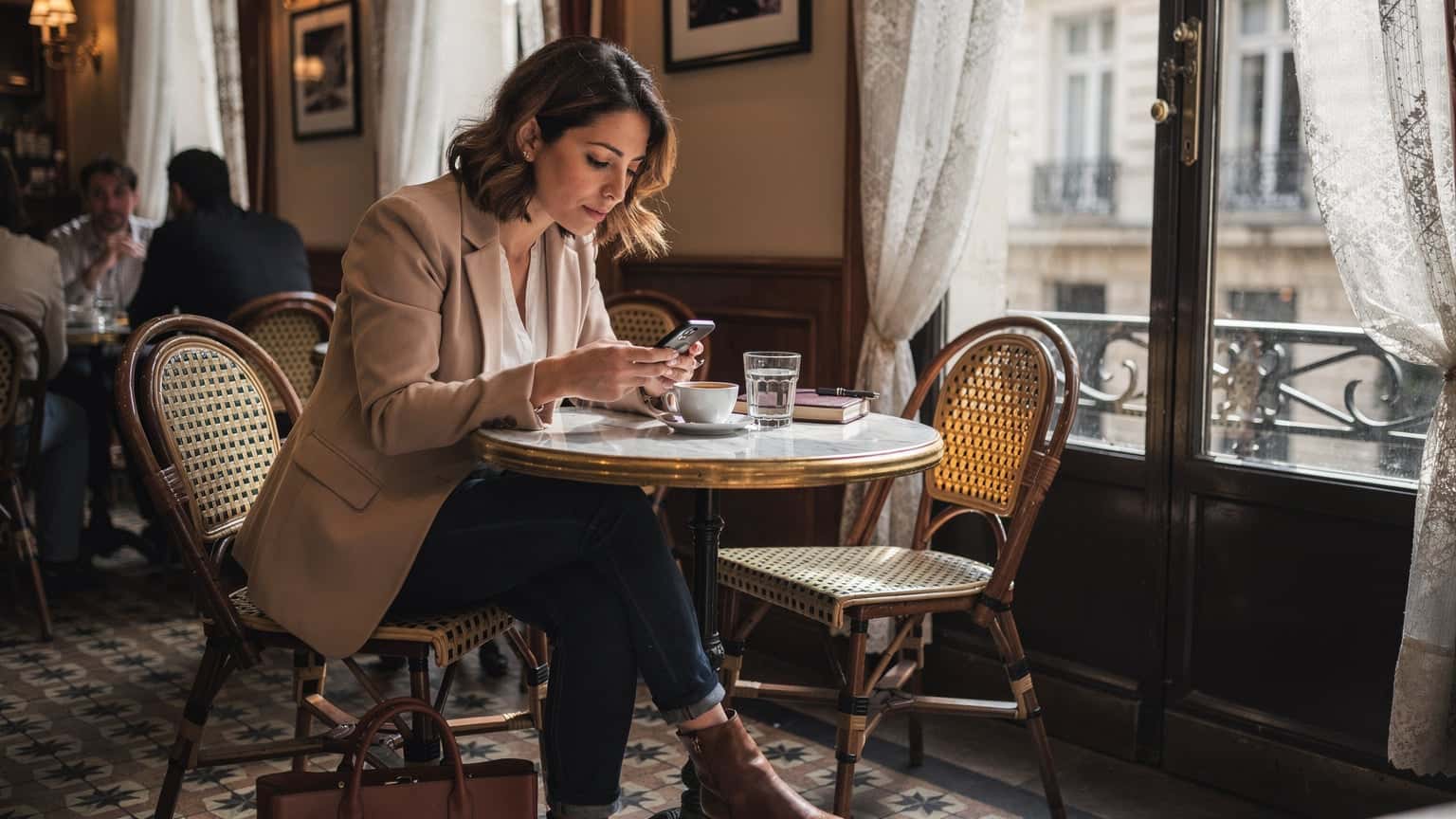 Une femme assise dans un café parisien typique, consultante son smartphone avec un air concentré, une tasse de café et un croissant à côté d'elle sur une table en marbre.