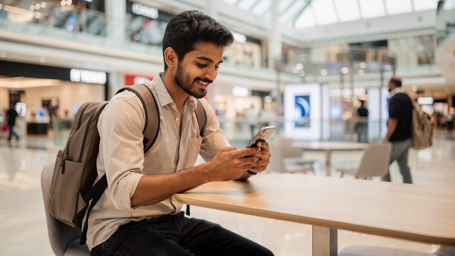 एक भारतीय यात्री दुबई के एक व्यस्त शॉपिंग मॉल में अपने नए iPhone 18 पर Cellesim eSIM सक्रिय कर रहा है, उसके चेहरे पर संतुष्टि का भाव है।