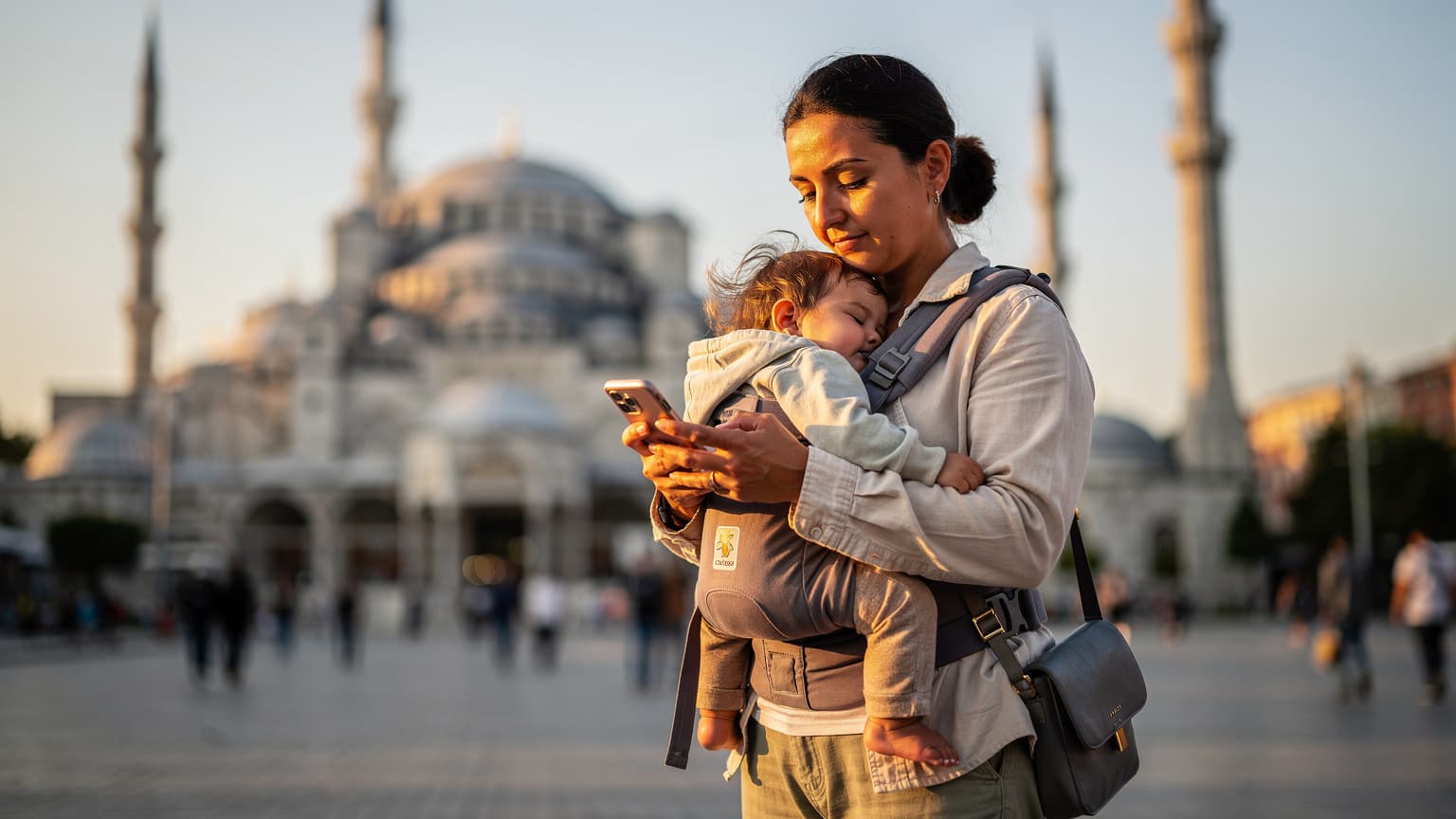 O mamă zâmbitoare, cu un copil mic care doarme într-un marsupiu, verifică un telefon compatibil eSIM în fața unei moschei istorice din Istanbul, Turcia, în timpul orei de aur.