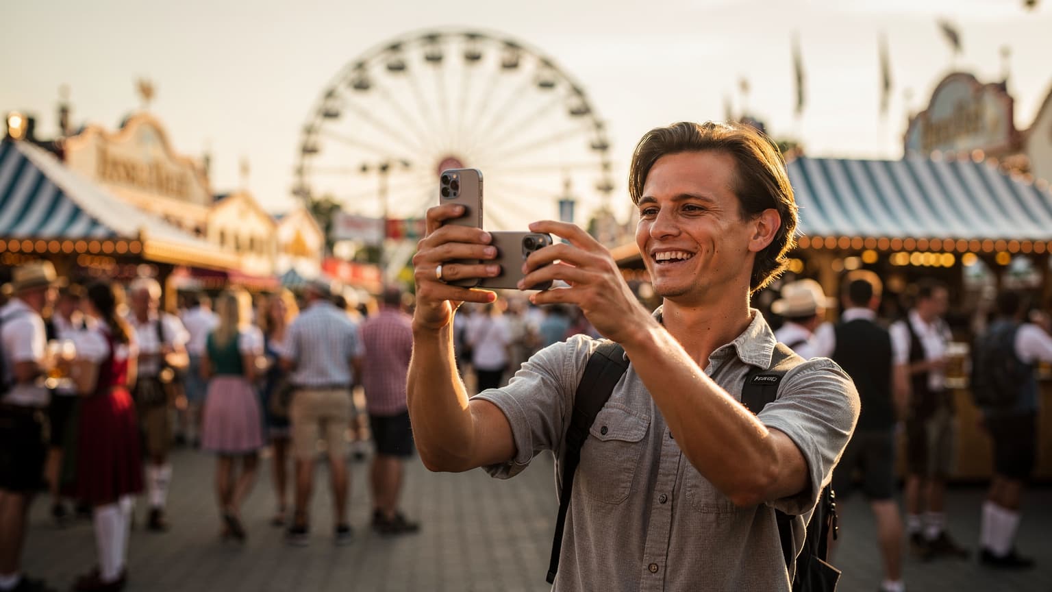 Een vrolijke reiziger met een smartphone in de hand, genietend van de levendige sfeer van het Oktoberfest in München, met een traditionele Dirndl en Lederhosen op de achtergrond.