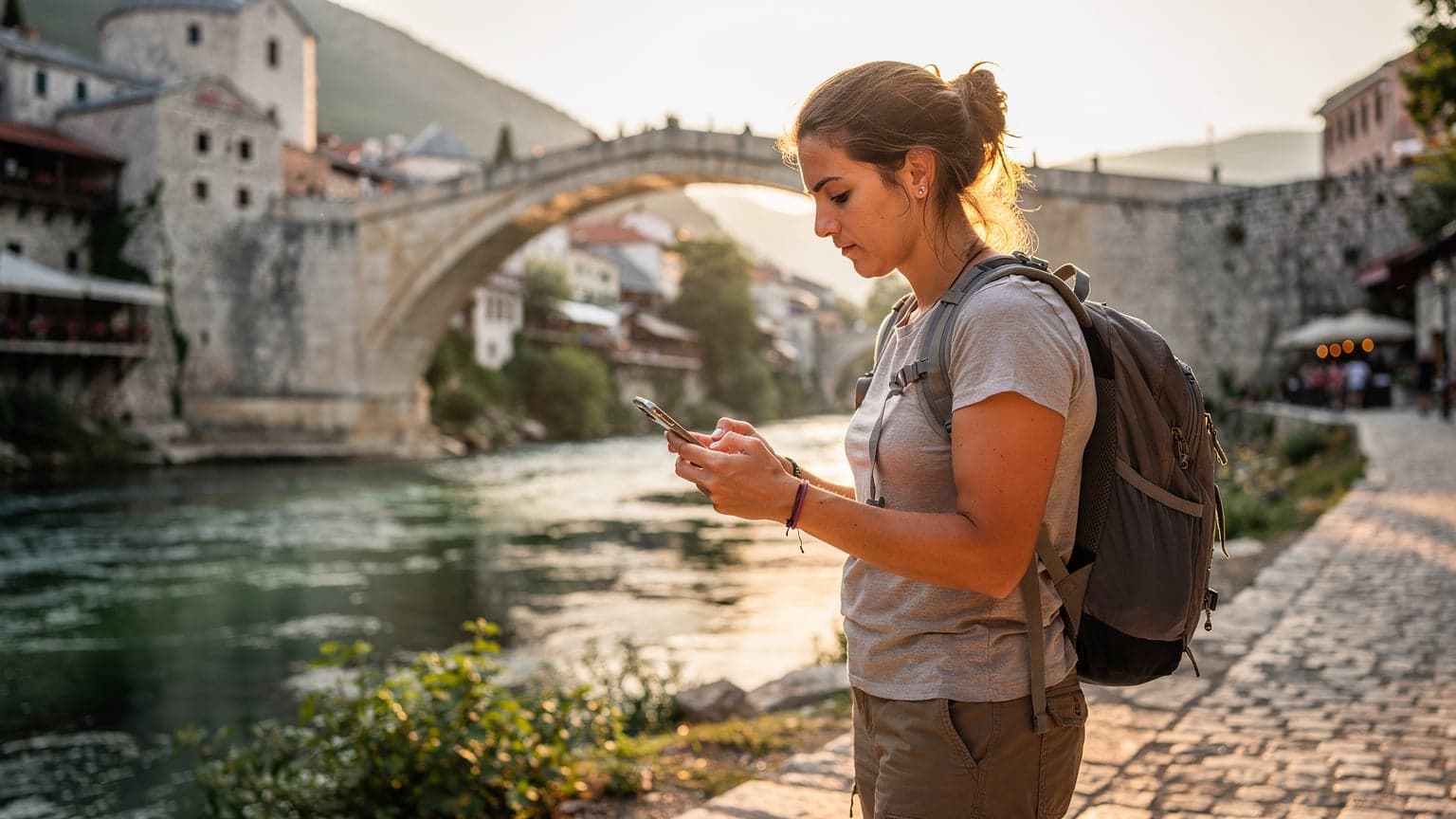 Una viaggiatrice con zaino in spalla consulta il suo smartphone con un'eSIM attiva mentre ammira il Ponte Vecchio a Mostar, Bosnia-Erzegovina, al tramonto.
