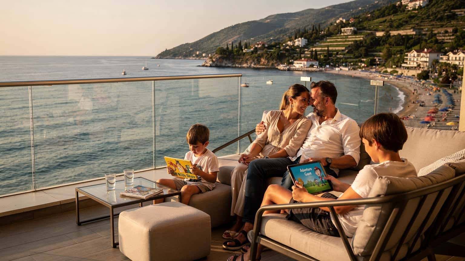 Eine Familie, bestehend aus Vater, Mutter und zwei Kindern, blickt von einem Balkon auf die Adriaküste Albaniens, während die Kinder auf ihren Tablets spielen.
