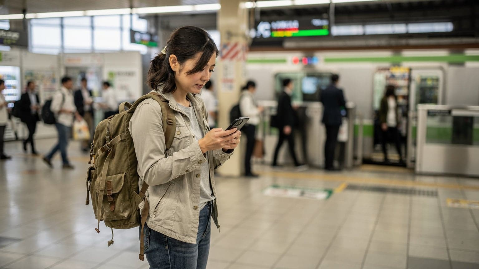 A traveler in a bustling Tokyo train station, holding a smartphone, looking at a map application, with vibrant advertisements and station signs in the background.