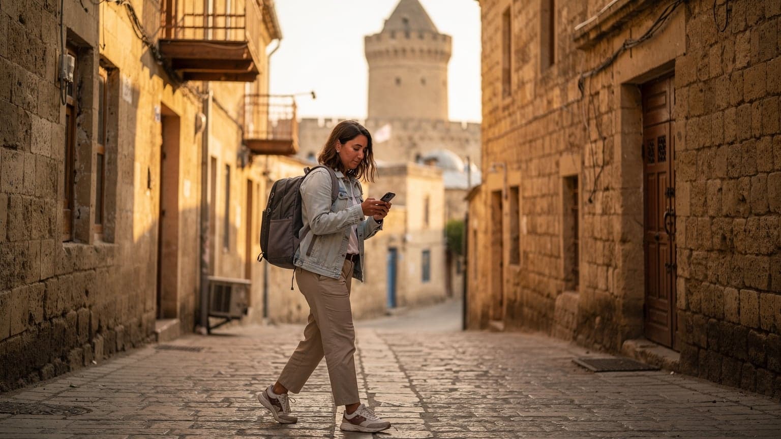 Ein Reisender navigiert mit seinem Smartphone durch die Gassen der Altstadt von Baku, Aserbaidschan, mit dem Jungfrauenturm im Hintergrund.