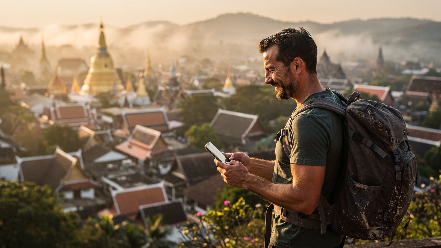 Un voyageur souriant, sac à dos, consulte son téléphone avec une eSIM active devant l'ancienne ville de Chiang Mai au lever du soleil.